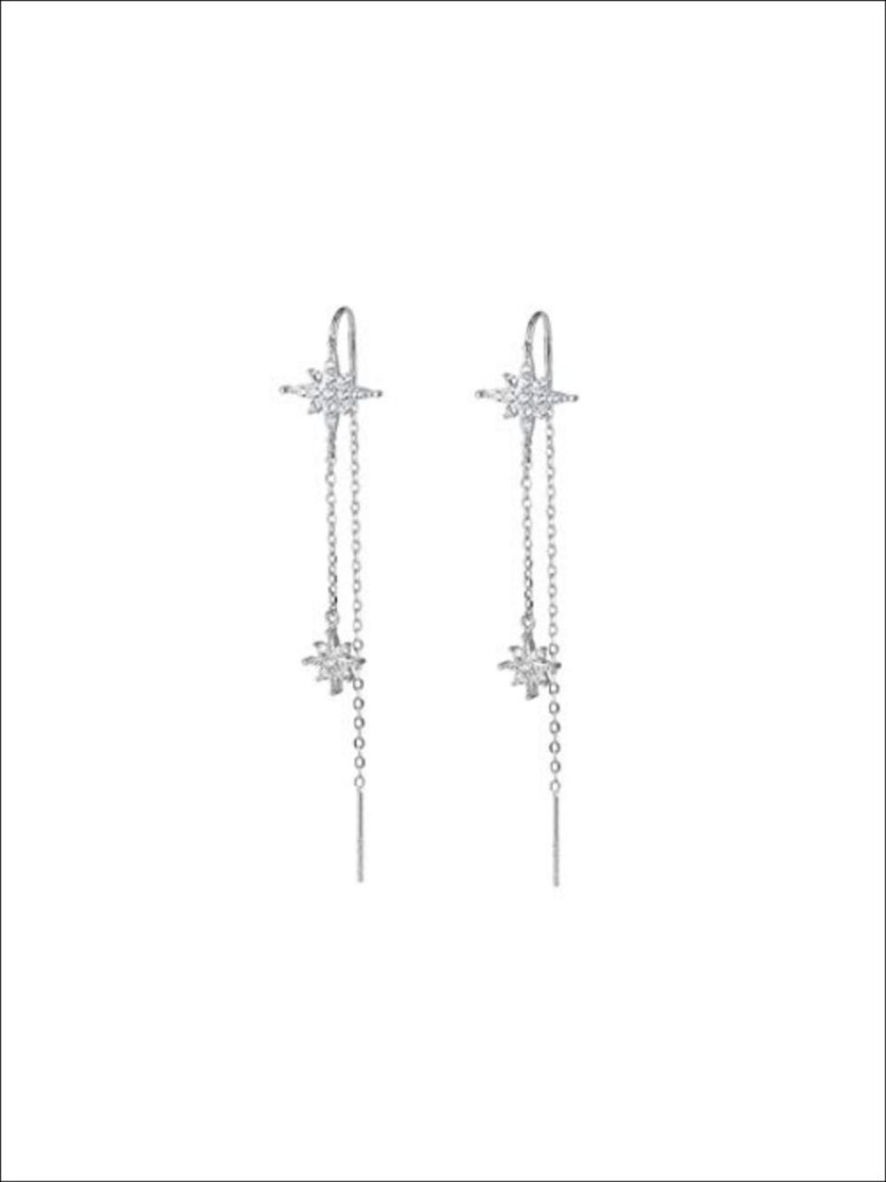 Sterling Silver CZ Star Dangle Earrings Long Threader Tassel Drop